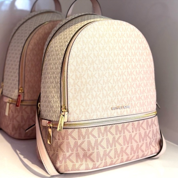 Michael Kors Rhea Medium Color-Block Signature Logo Backpack Powder Blush Multi - Picture 3 of 10